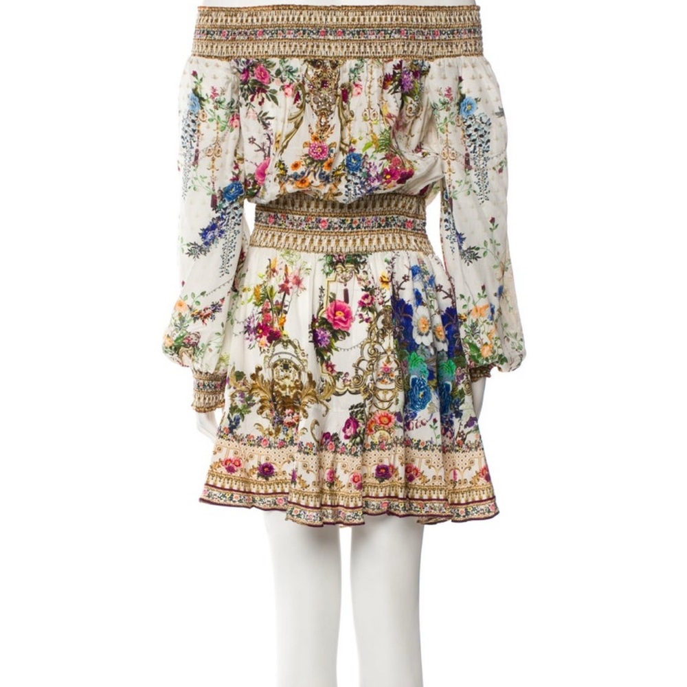 Camilla White Floral Off-Shoulder Mini Dress with Pink & Blue Accents